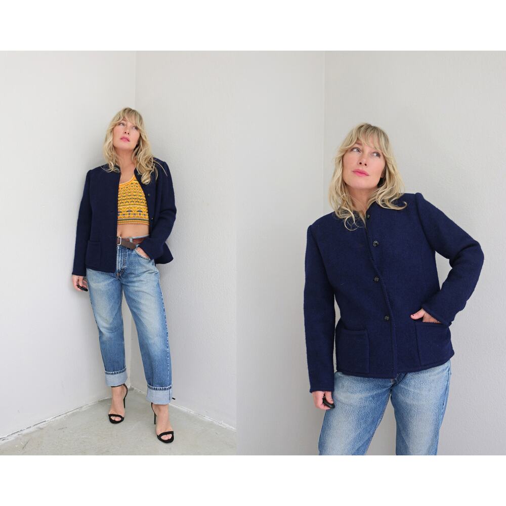 1970's Vintage Boucle Navy Wool European Style Autumn Jacket ~ Women's SM MD